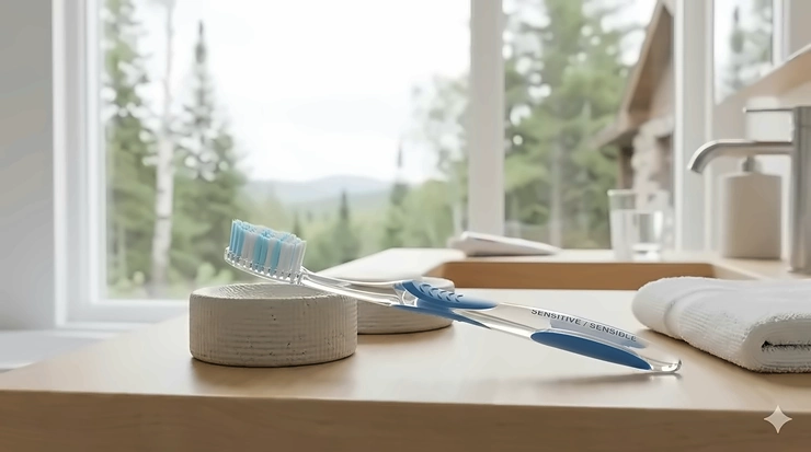 A high-quality manual toothbrush for sensitive teeth resting on a bathroom vanity with a view of a Canadian pine forest through the window.