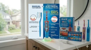 Comparison chart illustrating why a Disney electric toothbrush for kids removes more plaque than a standard manual brush.