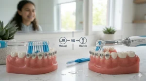 Comparison chart of a manual orthodontic brush and an electric toothbrush for braces users in Canada.