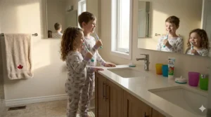A brother and sister in pajamas starting their morning in Canada with an AI toothbrush for kids to build lifelong habits.
