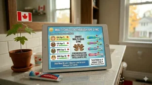 Illustration showing a parent's phone syncing with multiple smart toothbrushes for kids, ideal for large Canadian households.