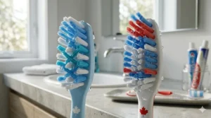 Detailed close-up of Oral-B CrissCross bristles versus Colgate 360 manual toothbrush bristles for plaque removal.