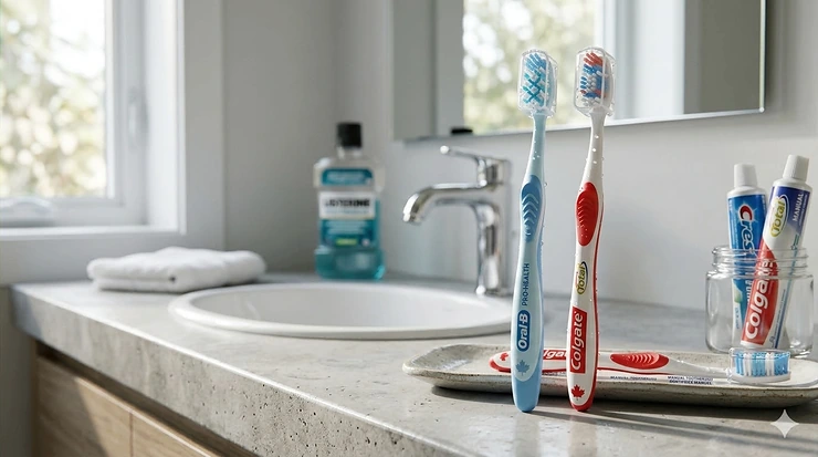 A side-by-side comparison of Oral-B and Colgate manual toothbrushes on a bathroom counter with a subtle Canadian maple leaf motif in the background.