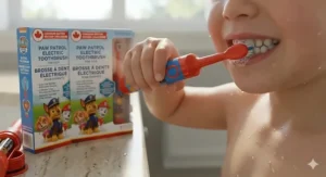 A young child happily using a Paw Patrol electric toothbrush to brush their teeth in a bright, modern Canadian home bathroom with soft natural light.
