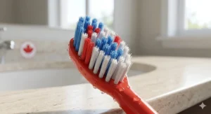 Close-up photorealistic illustration of the extra soft bristles on a red Paw Patrol electric toothbrush head with water droplets and natural bathroom lighting.