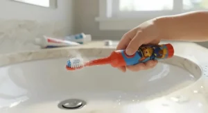 Detailed view of the ergonomic, non-slip handle of a Paw Patrol electric toothbrush being held by a child, highlighting the easy-power button.