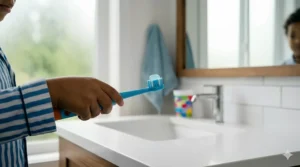 Illustration showing the correct pea-sized amount of fluoride toothpaste for a 5-year-old on an electric brush.
