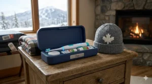 A compact AI toothbrush for kids packed in a travel case next to a warm toque, ready for a family trip to Whistler.