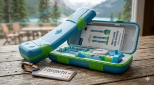 A durable travel case for a kids electric toothbrush, ideal for family trips to the Rockies or across Canada.