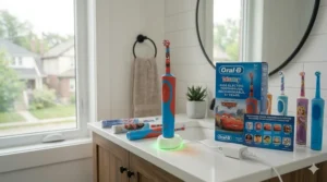 Illustration of a rechargeable Disney electric toothbrush sitting on its charging base, emphasizing safety and ease of use for children.