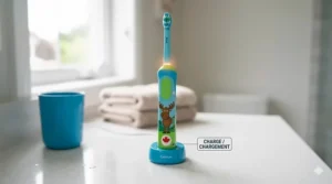 A kid-friendly USB charging station for a rechargeable electric toothbrush for kids.