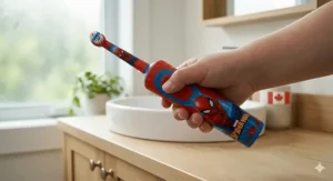 A Spiderman electric toothbrush sitting on its charging base with a bilingual battery status indicator.