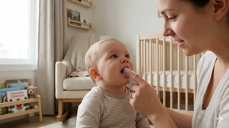 A Canadian mother using a BPA-free silicone finger toothbrush for babies to gently clean her infant’s gums in a bright, modern nursery.
