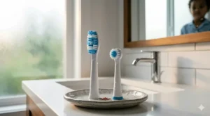 Comparison of a compact brush head designed for a 5-year-old's mouth versus a standard adult electric toothbrush.