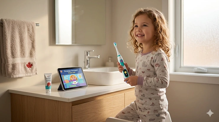 A Canadian child happily using an AI toothbrush for kids in a modern bathroom, featuring a subtle maple leaf motif on a towel.