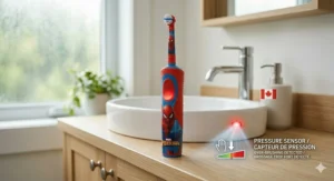 Illustration of the smart pressure sensor on a Spiderman electric toothbrush that alerts kids when brushing too hard.