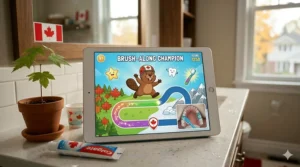 A colourful smartphone app interface showing a brushing game that syncs with a kids smart toothbrush.