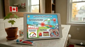Technical illustration showing the pressure sensor feature of a smart toothbrush for kids with app alerts to prevent over-brushing.
