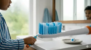 Close-up of extra-soft bristles on an electric toothbrush, ideal for 5-year-olds with developing teeth.