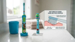 Close-up illustration of extra-soft replacement heads for an electric toothbrush for kids to ensure gentle cleaning.