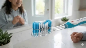 Close-up illustration of extra-soft V-trim bristles designed to clean around dental brackets and wires safely.