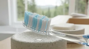 Close-up illustration of extra-soft bristles on a manual toothbrush for sensitive teeth with bilingual English and French labels.