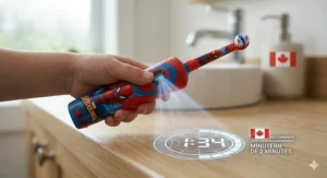 Detailed view of the soft bristles on a Spiderman electric toothbrush designed for children's sensitive gums.