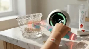 Illustration of a built-in pressure sensor on a sonic toothbrush for sensitive kids teeth that protects delicate enamel from over-brushing.