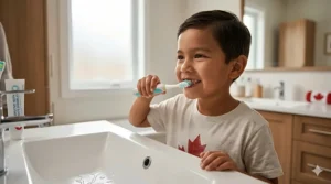 A young child using a gentle sonic toothbrush for sensitive kids teeth in a Canadian home, featuring a bilingual English and French toothpaste tube in the background.