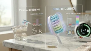 Comparison chart illustrating the plaque removal efficiency of a sonic toothbrush versus a manual brush for sensitive kids teeth.