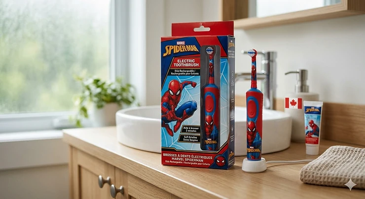 A high-detail featured image of a Spiderman electric toothbrush for kids in a bright Canadian bathroom, showing the bilingual English and French packaging.