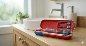 A durable red and blue Spiderman electric toothbrush travel case with bilingual Canadian labeling.