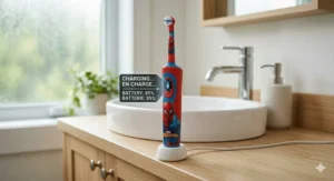 A Spiderman electric toothbrush with a projected 2-minute timer to meet Canadian Dental Association brushing guidelines.