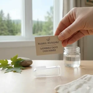 Illustration highlighting the durable, reusable nature of a silicone finger toothbrush for babies as an eco-conscious choice for Canadian families.