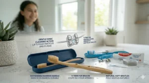 A Canadian-inspired eco-friendly bamboo toothbrush specifically contoured for users with orthodontic appliances.