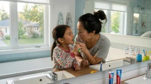Canadian mother teaching her toddler how to use a kids manual toothbrush properly.