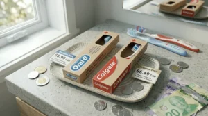 A graphic representing the value and price point of Oral-B vs Colgate manual toothbrushes in Canadian pharmacies.