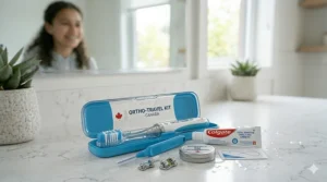A portable orthodontic cleaning kit including a folding toothbrush and wax for Canadians on the go.