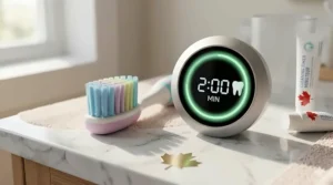A colorful timer illustration showing the recommended two-minute brushing duration for children’s dental hygiene in Canada.