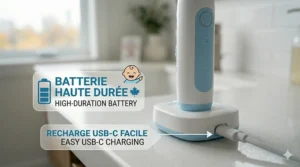 Illustration of a USB-C charging base for an AI baby toothbrush, emphasizing sustainable tech for Canadian eco-conscious families.