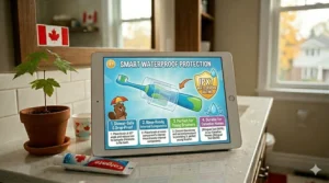 Illustration of a waterproof smart toothbrush for kids being rinsed, highlighting its durable design for Canadian families.