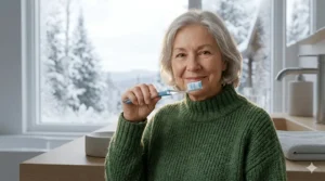 A cozy indoor scene showing a Canadian user holding a manual toothbrush for sensitive teeth during a cold winter morning.