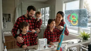A festive winter-themed illustration of a Canadian family in plaid pajamas using a kids electric toothbrush during their morning routine.