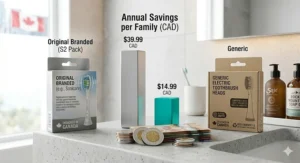 Infographic showing cost savings on generic electric toothbrush heads for Canadian families.