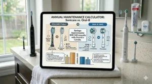 Yearly cost breakdown for Canadian users comparing long-term expenses of Philips Sonicare and Oral-B replacement brush heads.