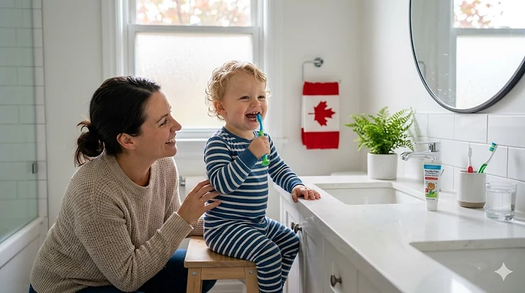 A Canadian toddler happily using a BPA-free toothbrush in a bright bathroom, featuring soft bristles for sensitive gums. toothbrush for 2 year old