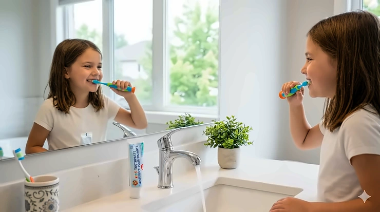 A smiling 8-year-old Canadian child using a bright, ergonomic toothbrush in a modern, naturally lit bathroom.