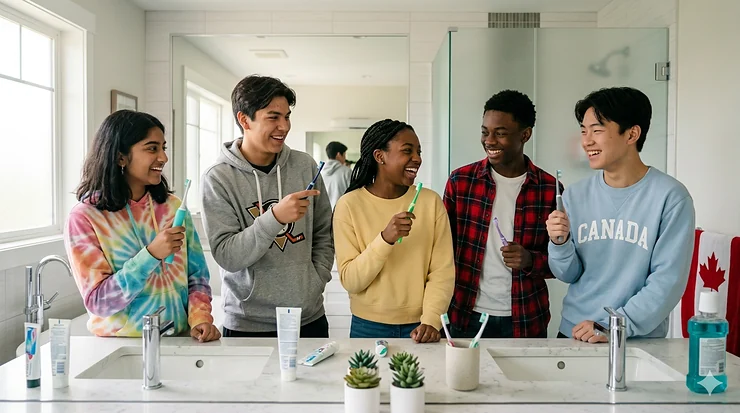A diverse group of Canadian teenagers laughing and holding colorful electric toothbrushes in a modern, bright bathroom.