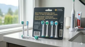 Close-up of multi-brand compatible brush heads with bilingual English and French packaging compliant with Canadian retail standards.
