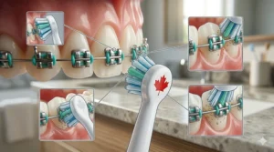 Illustration of plaque-prone areas around dental braces targeted by specialized orthodontic brush heads.